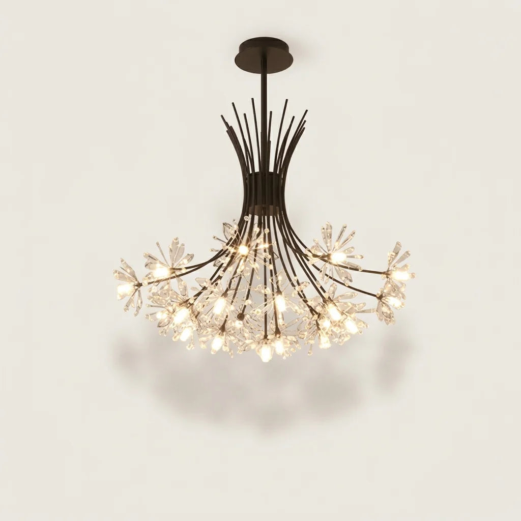 Lustre cristal pissenlit noir à 19 têtes, allumé