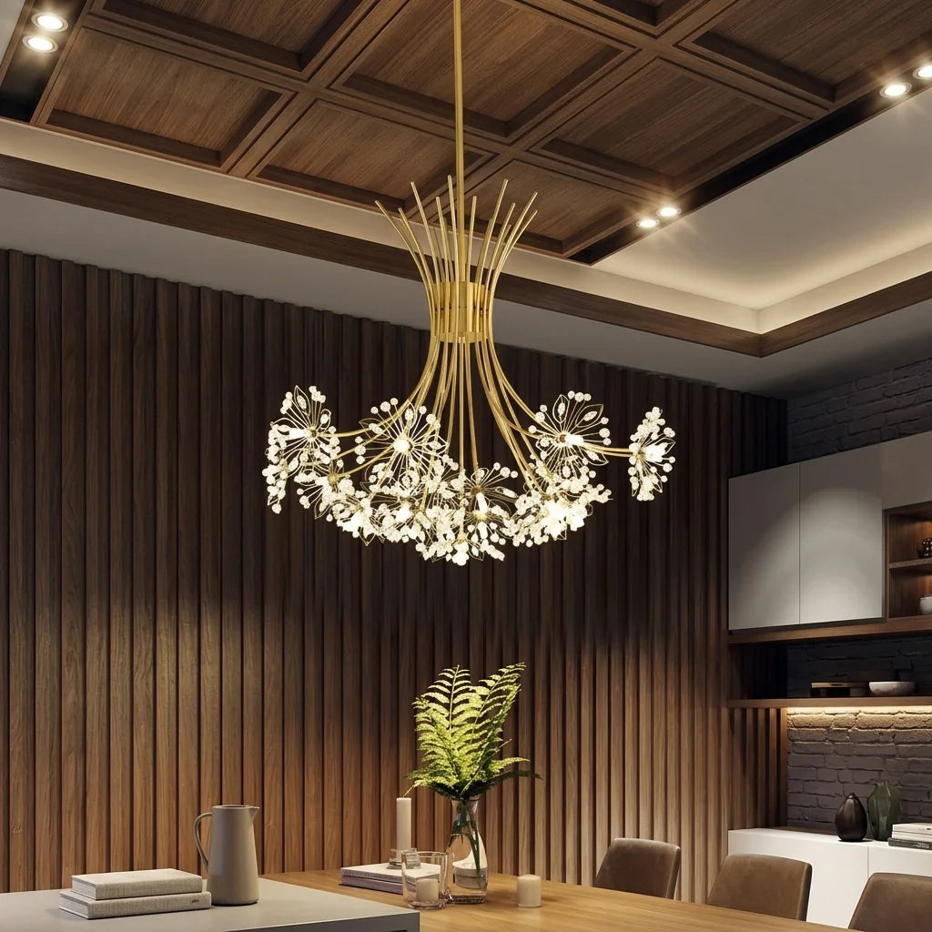 Lustre pissenlit doré dans une salle à manger aux murs à lames de bois