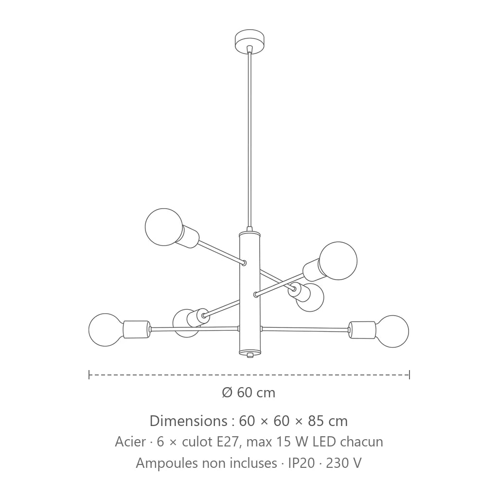 Dimensions : lustre industriel noir à ampoules apparentes, 60 × 60 × 85 cm