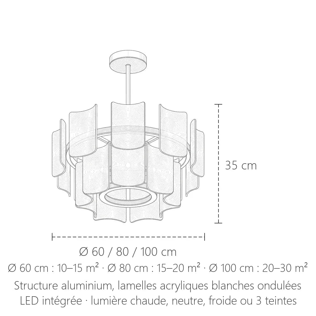 Dimensions du lustre rond à lamelles acryliques : Ø 60, 80 ou 100 cm, hauteur 35 cm