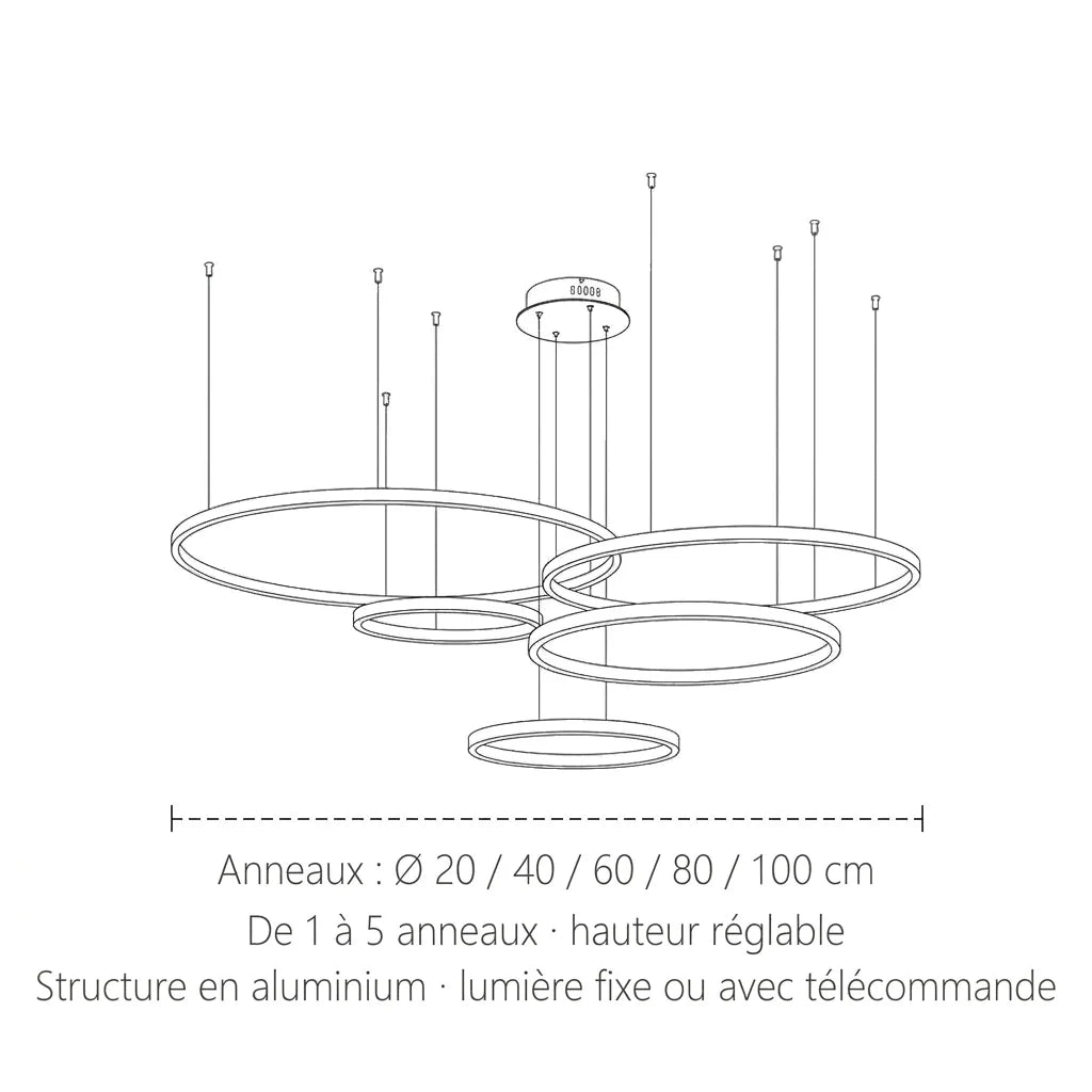 Dimensions du lustre à anneaux : anneaux de Ø 20 à 100 cm, de 1 à 5 anneaux