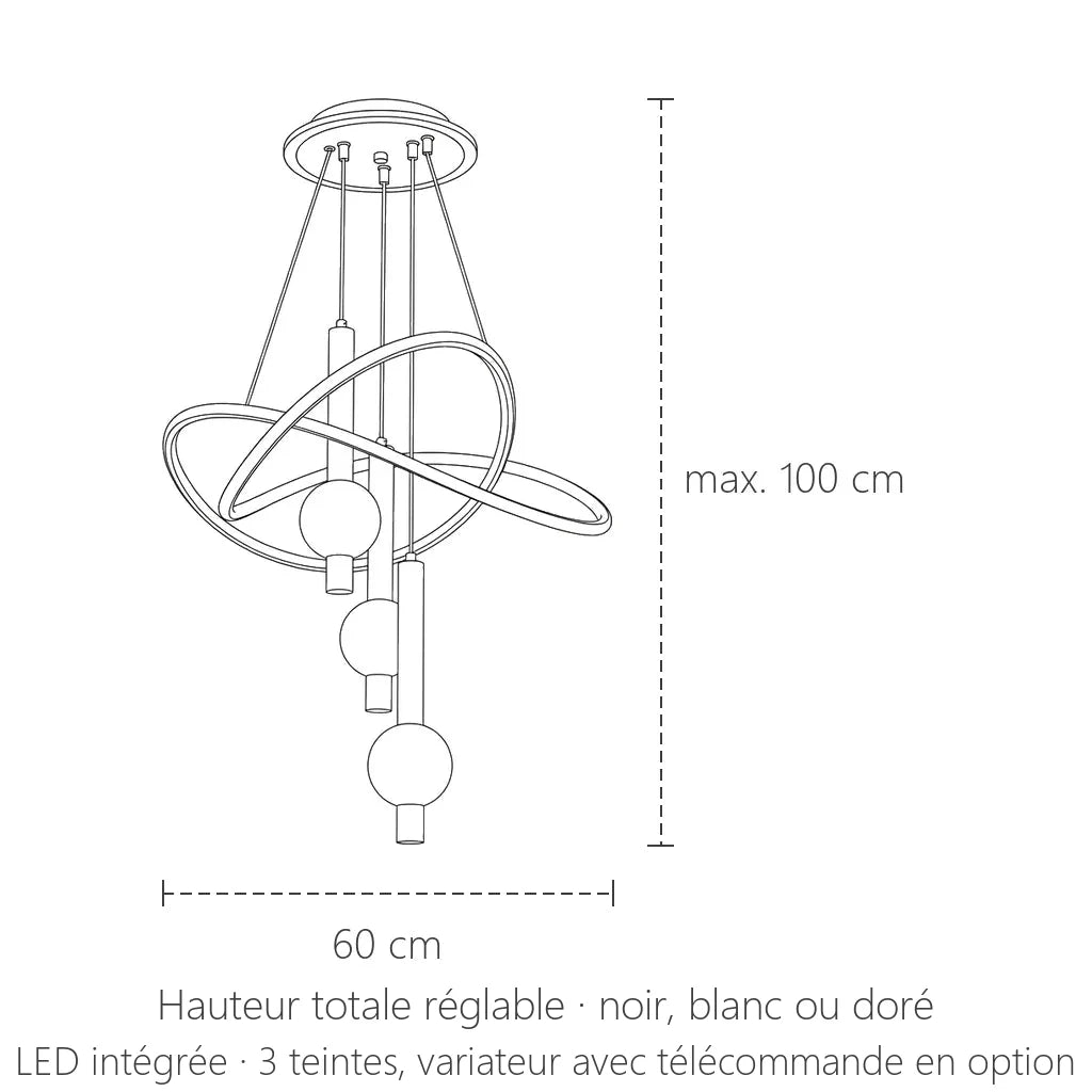 Dimensions du lustre LED anneaux entrelacés : 60 cm de large, max. 100 cm de haut