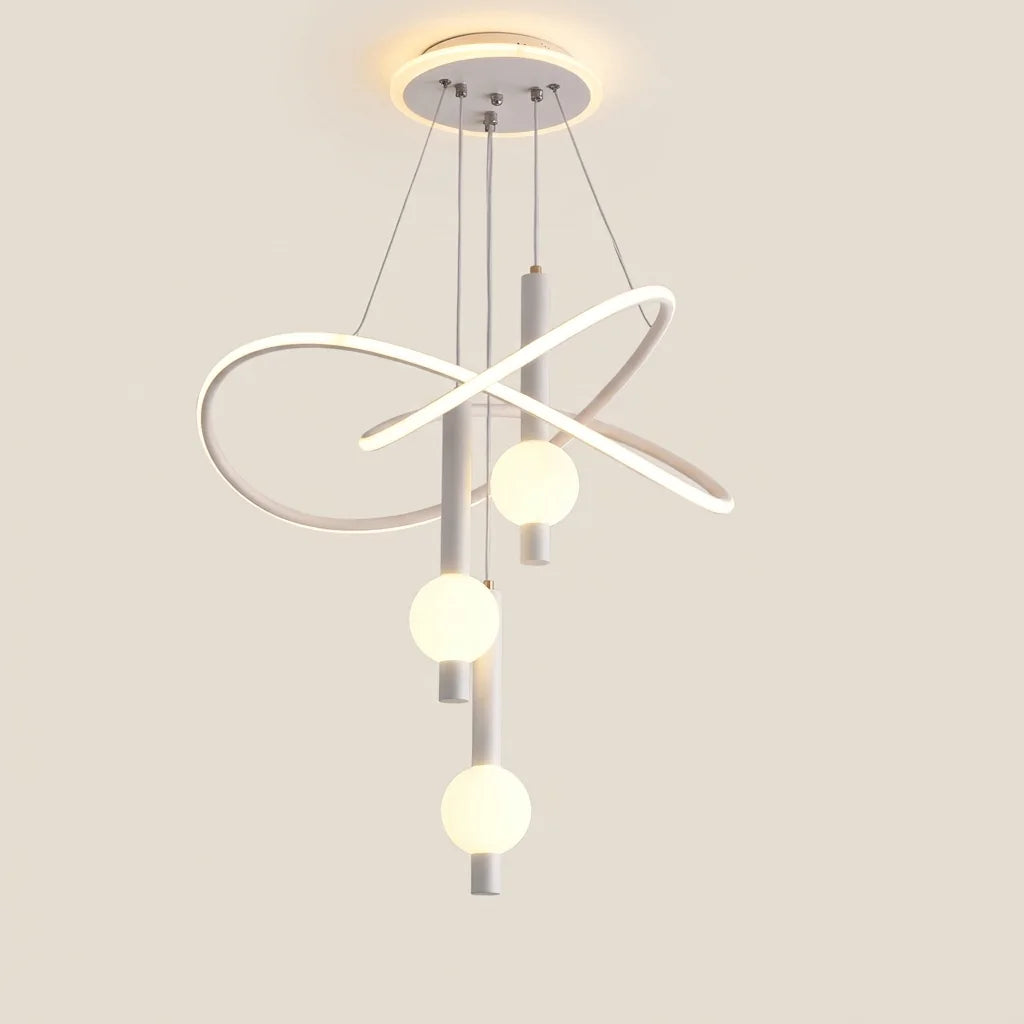 Lustre LED blanc à anneaux entrelacés et globes opalins