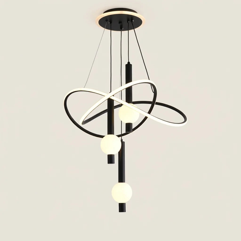 Lustre LED noir à anneaux entrelacés et globes opalins