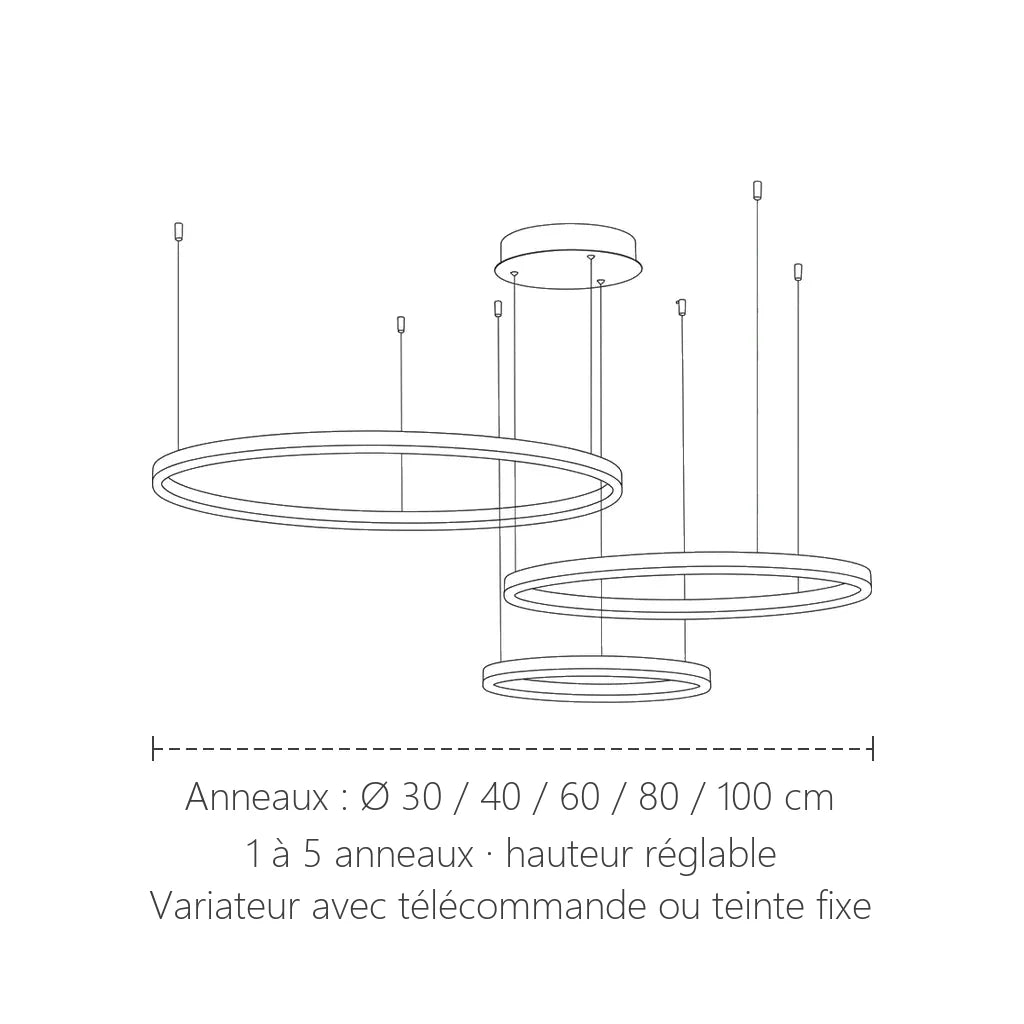 Dimensions du lustre LED à anneaux suspendus : anneaux Ø 30 à 100 cm