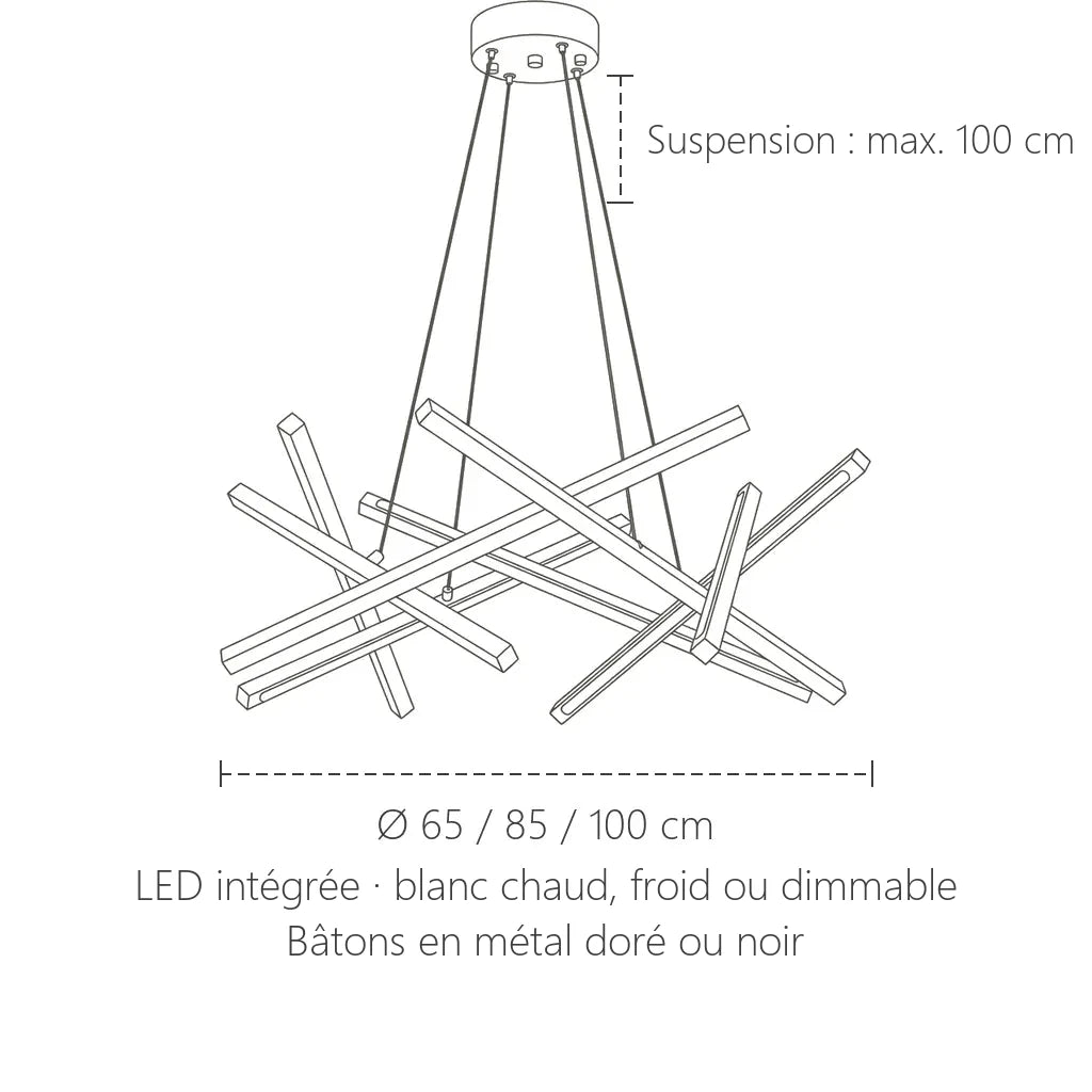 Dimensions du lustre LED à bâtons entrecroisés : Ø 65, 85 ou 100 cm