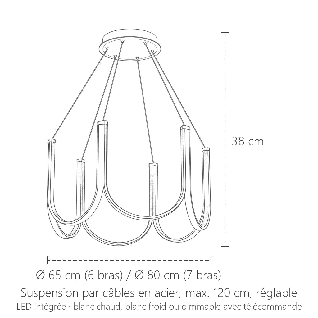 Dimensions du lustre LED à bras en U : Ø 65 ou 80 cm, 38 cm de haut