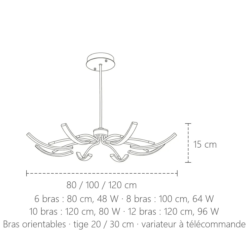 Dimensions du lustre LED à bras orientables : 80 à 120 cm, 15 cm de haut