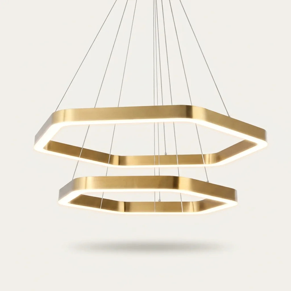 Lustre LED hexagonal doré, modèle A, deux anneaux superposés
