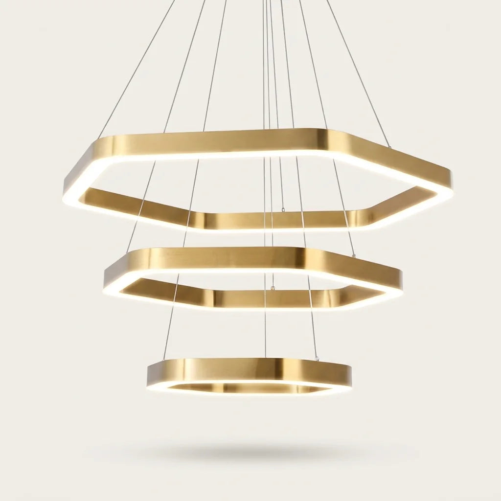 Lustre LED hexagonal doré, modèle A, trois anneaux superposés