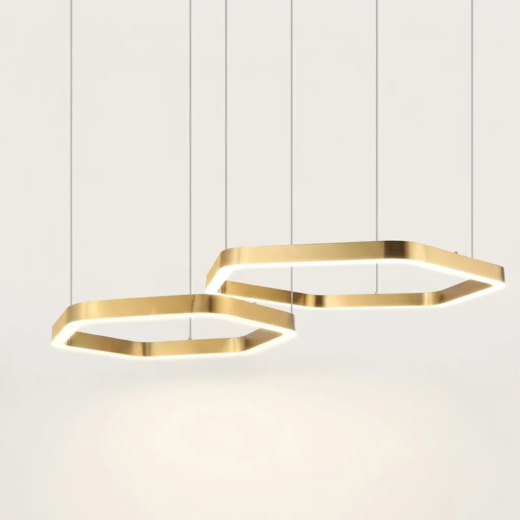 Lustre LED hexagonal doré, modèle B, deux anneaux décalés de 60 et 80 cm
