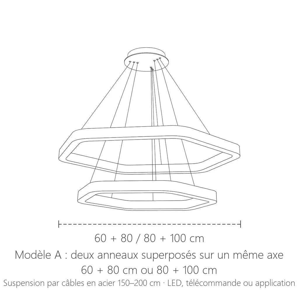 Lustre LED hexagonal modèle A, deux anneaux superposés : 60 + 80 ou 80 + 100 cm