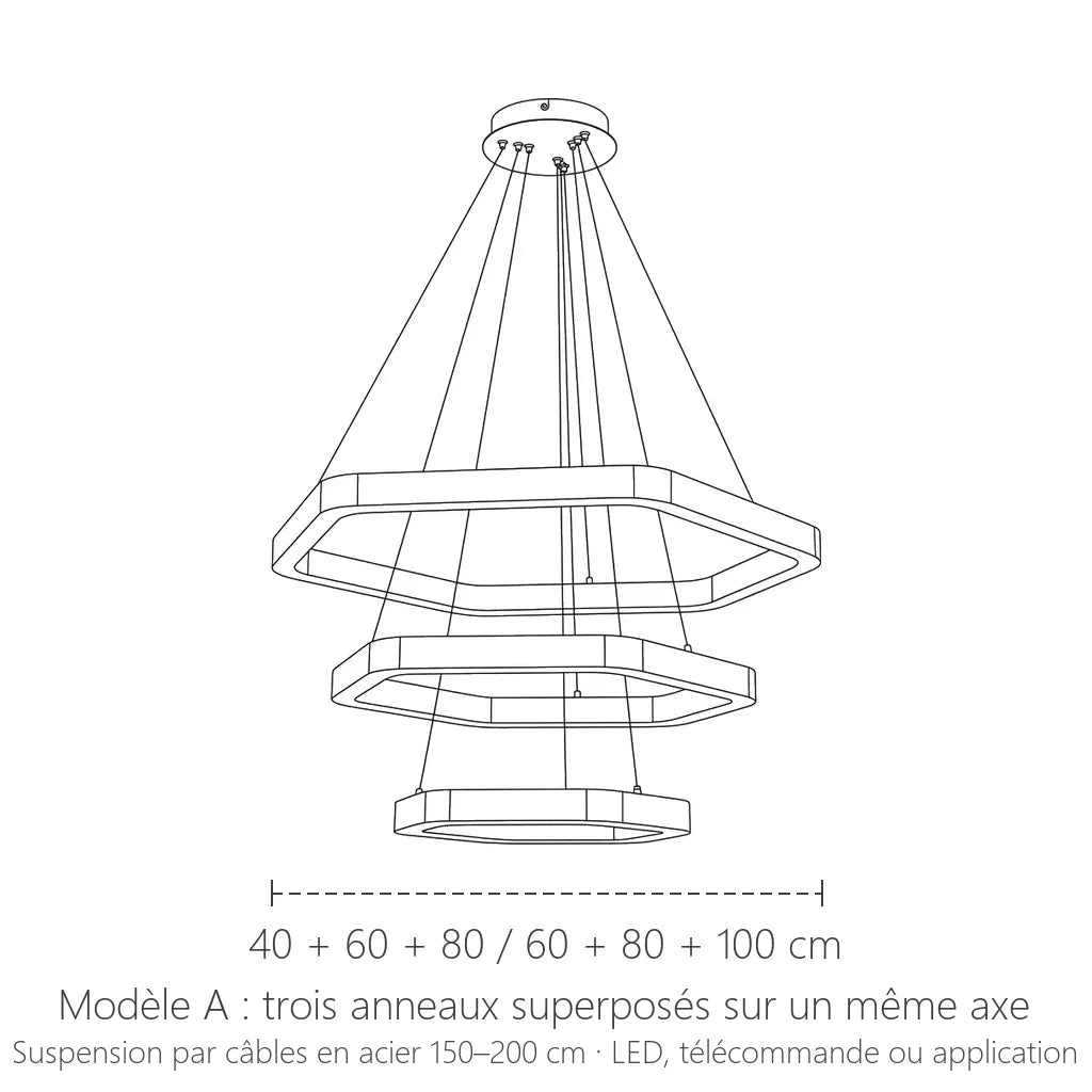 Lustre LED hexagonal modèle A, trois anneaux superposés : 40 + 60 + 80 ou 60 + 80 + 100 cm