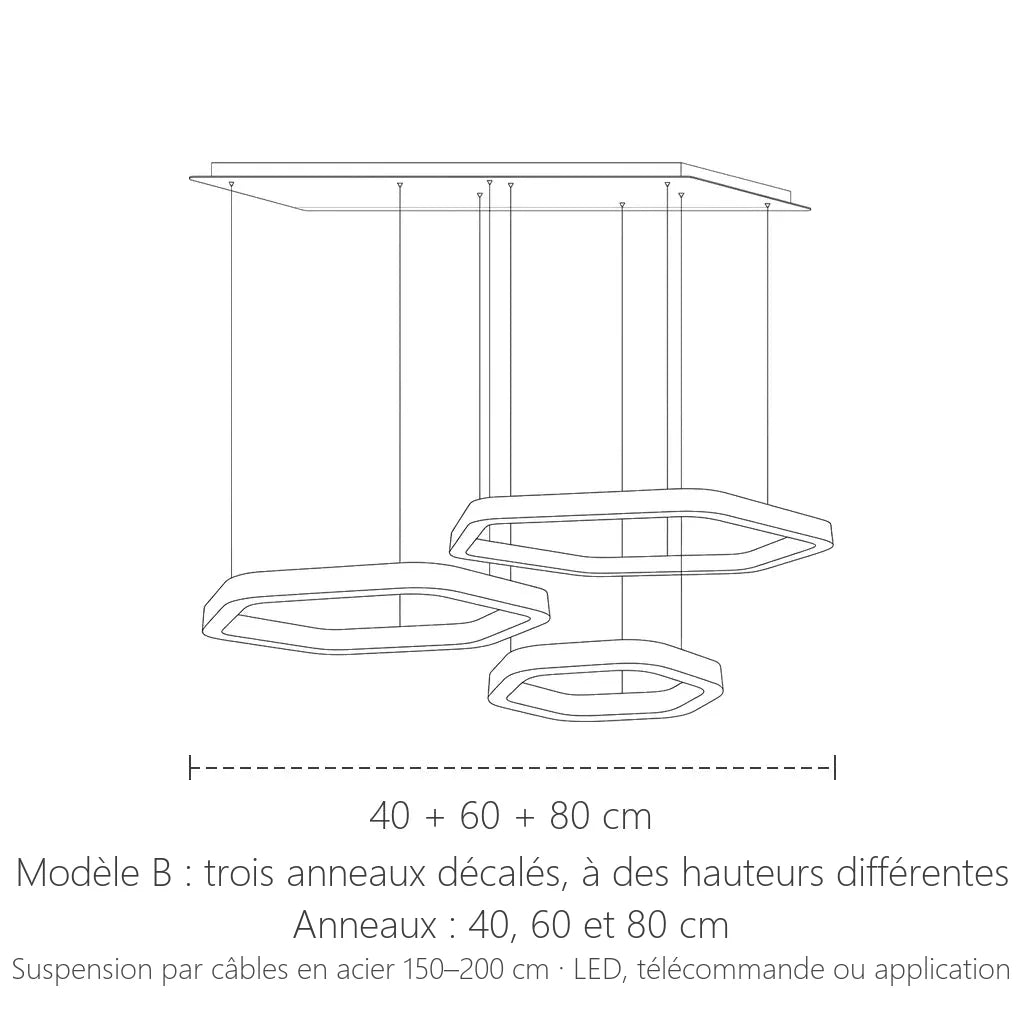 Lustre LED hexagonal modèle B, trois anneaux décalés : 40, 60 et 80 cm