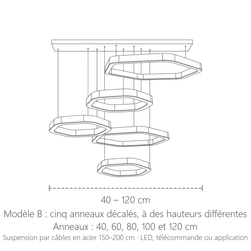 Lustre LED hexagonal modèle B, cinq anneaux décalés : 40 à 120 cm