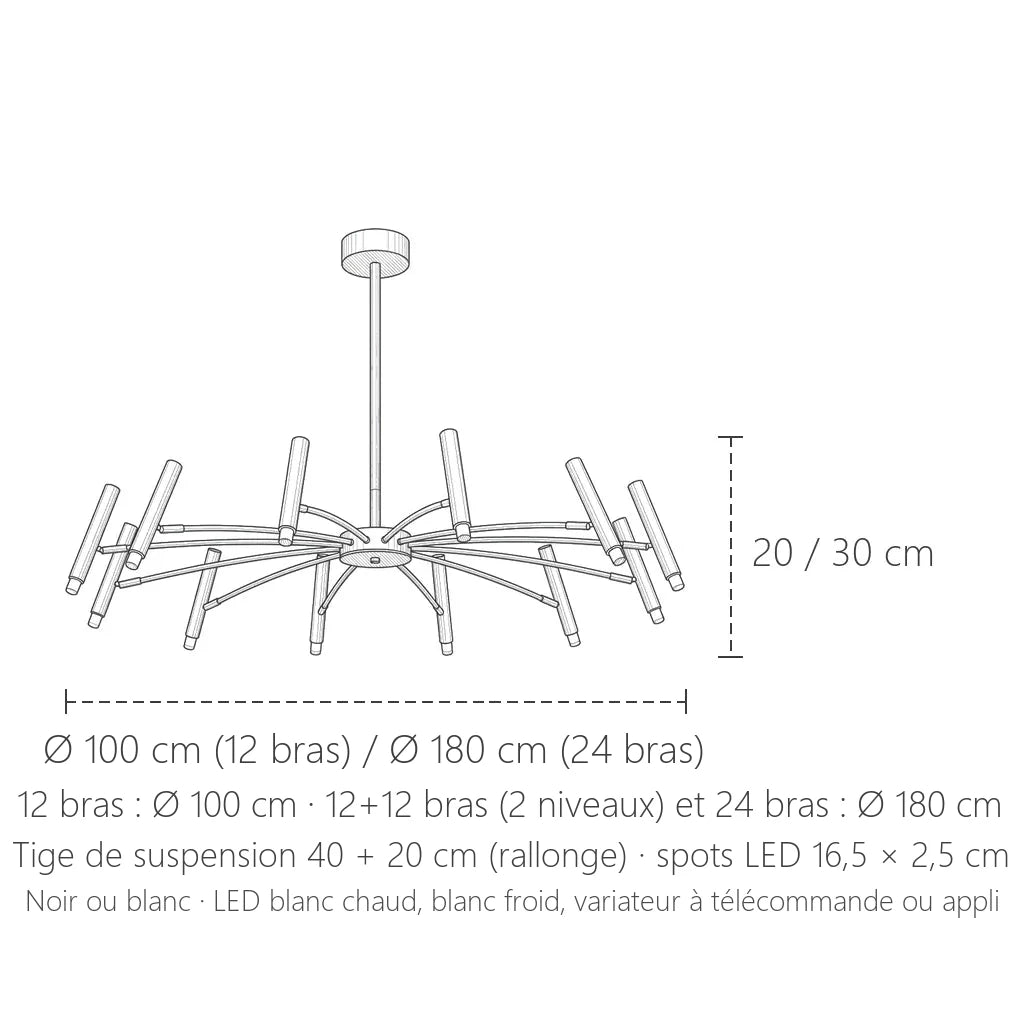 Dimensions du lustre LED rayonnant : Ø 100 ou 180 cm, 12 à 24 bras