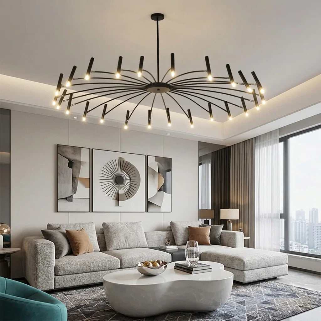Lustre rayonnant noir dans un salon moderne