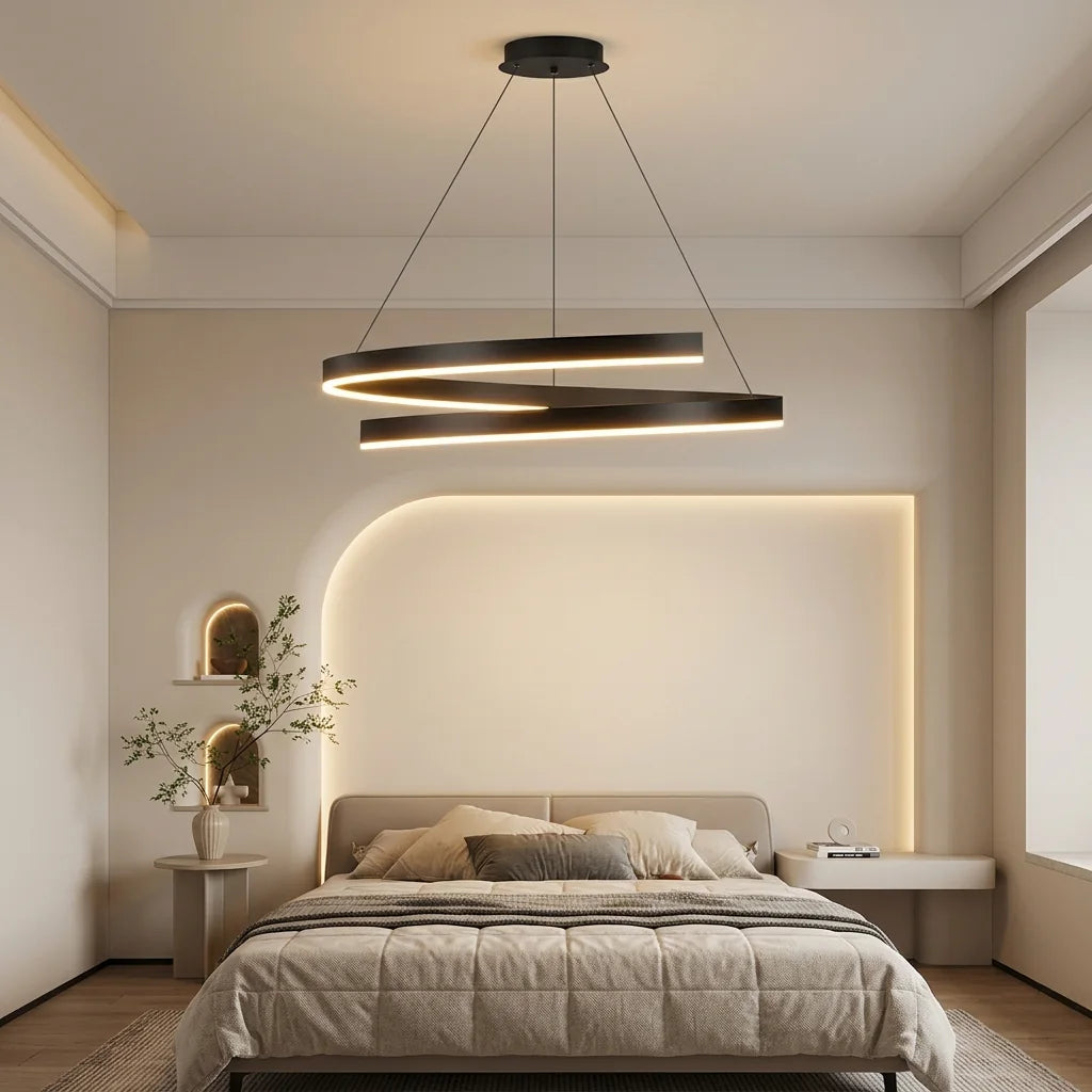 Lustre spirale noir dans une chambre lumineuse