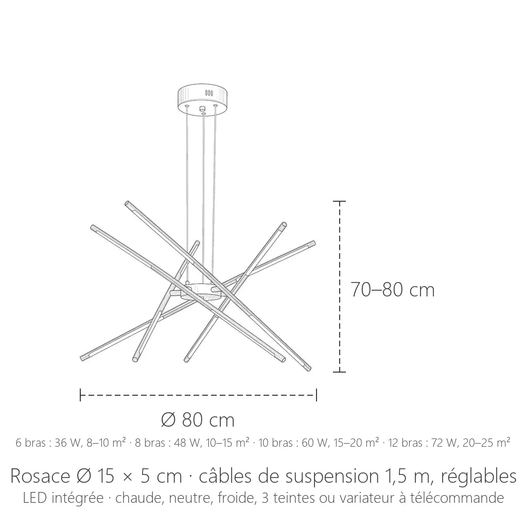 Dimensions du lustre LED à tiges lumineuses : Ø 80 cm, 70 à 80 cm de haut