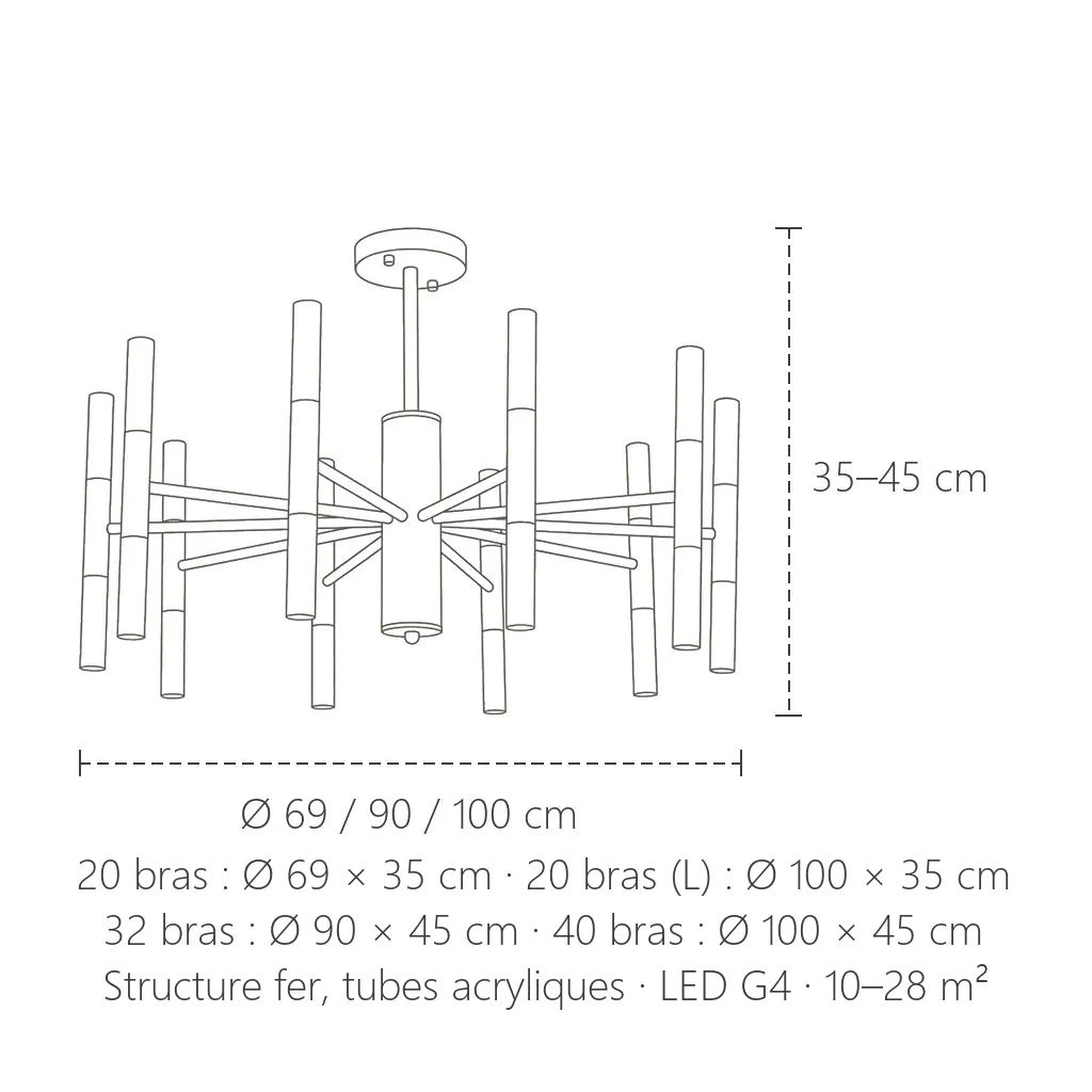 Dimensions du lustre LED à tubes acryliques : Ø 69 à 100 cm, 35 à 45 cm de haut