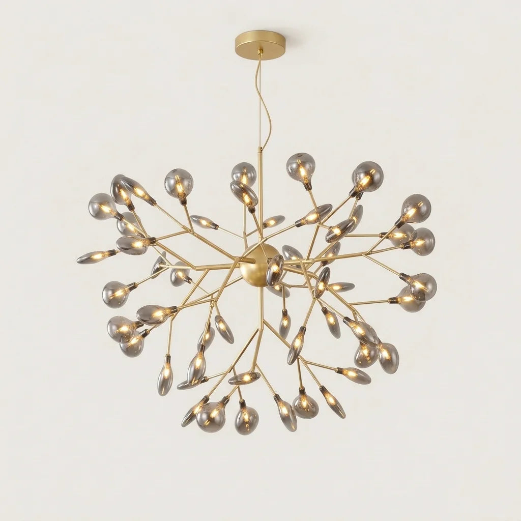 Lustre lucioles à branches dorées et globes en verre fumé