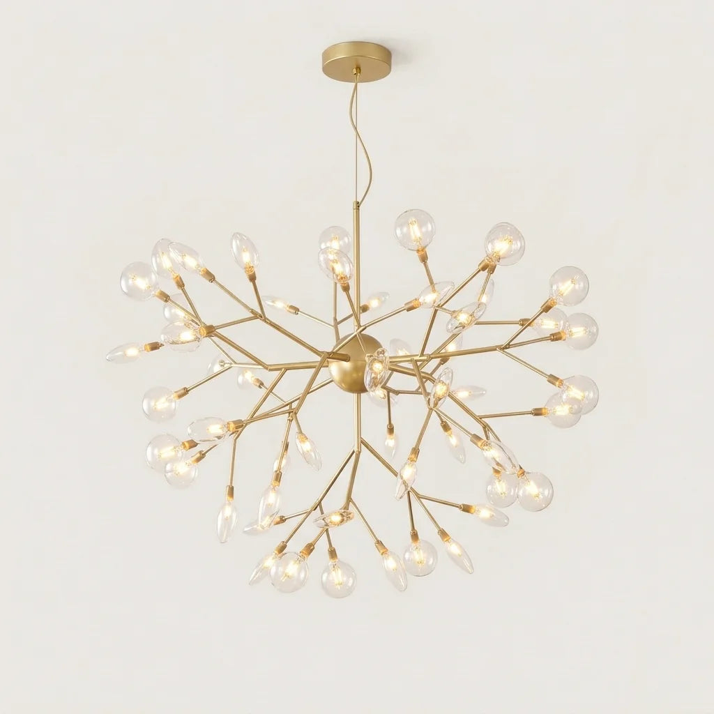 Lustre lucioles à branches dorées et globes transparents