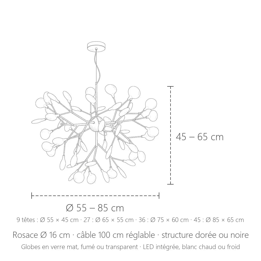 Dimensions du lustre lucioles à branches : Ø 55 à 85 cm, 45 à 65 cm de haut