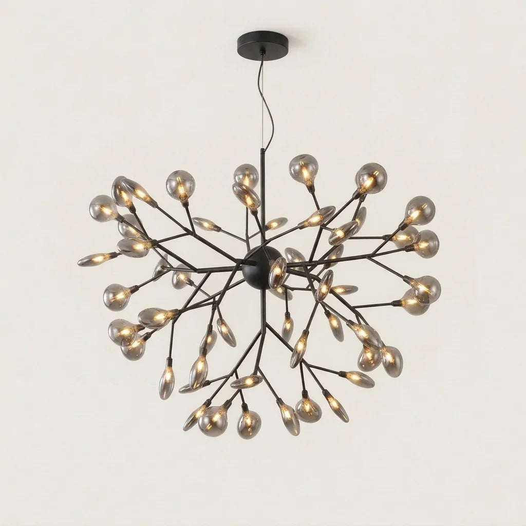 Lustre lucioles à branches noires et globes en verre fumé