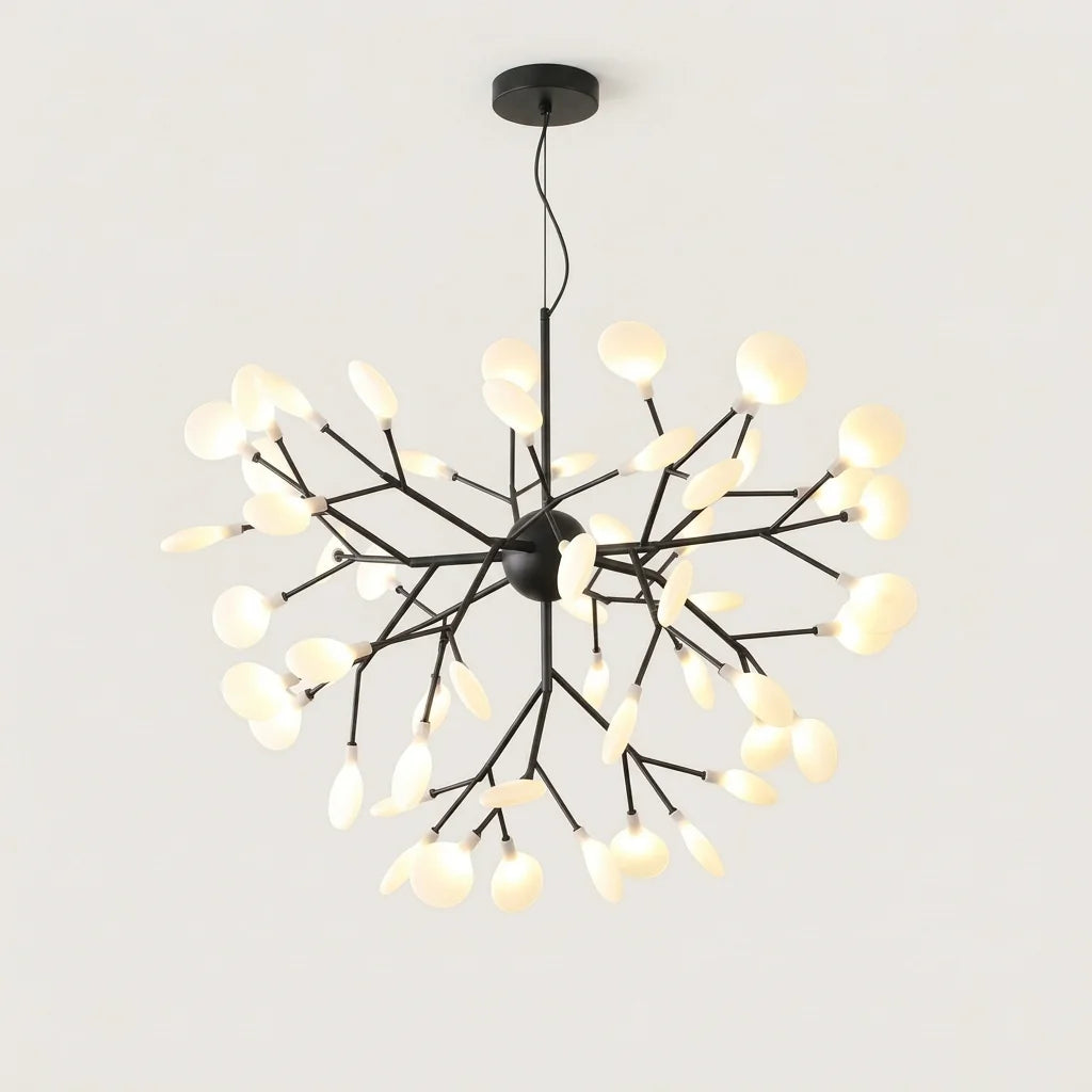 Lustre lucioles à branches noires et globes en verre mat