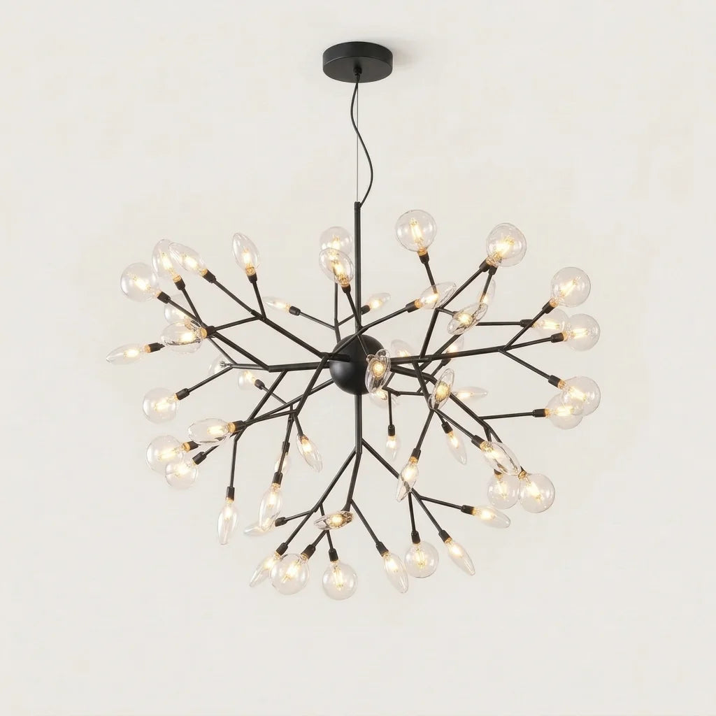 Lustre lucioles à branches noires et globes transparents