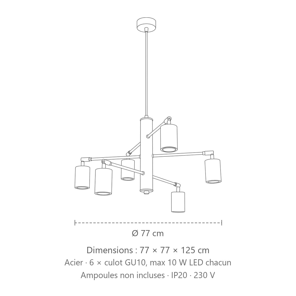 Dimensions : lustre moderne 6 spots orientables, 77 × 77 × 125 cm