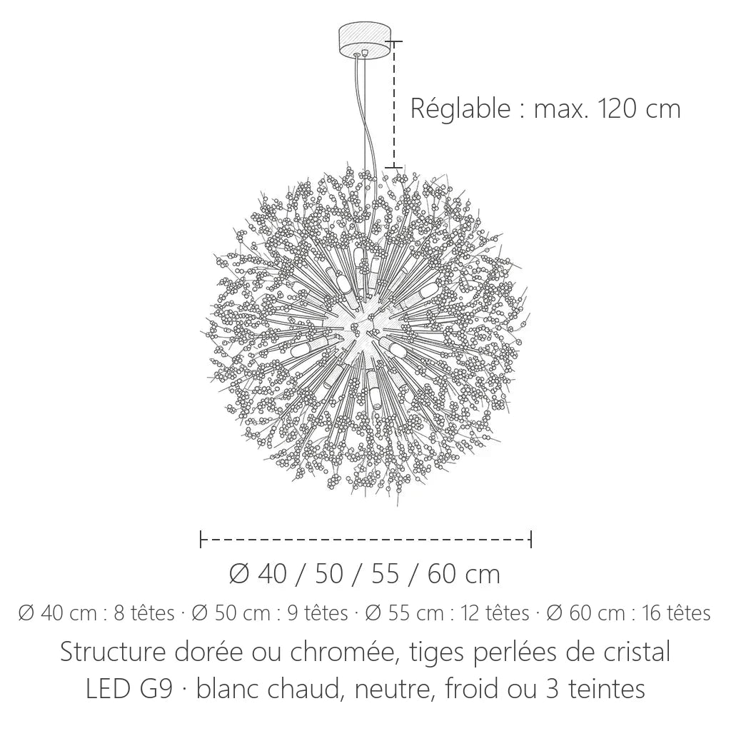 Dimensions du lustre boule pissenlit en cristal : Ø 40 à 60 cm
