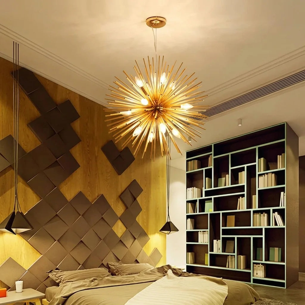 Lustre pissenlit doré dans une chambre moderne
