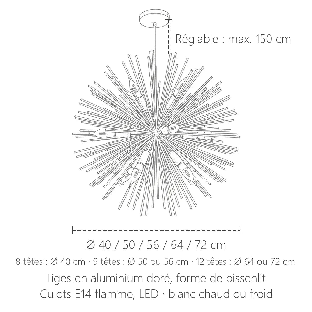 Dimensions du lustre pissenlit doré : Ø 40 à 72 cm