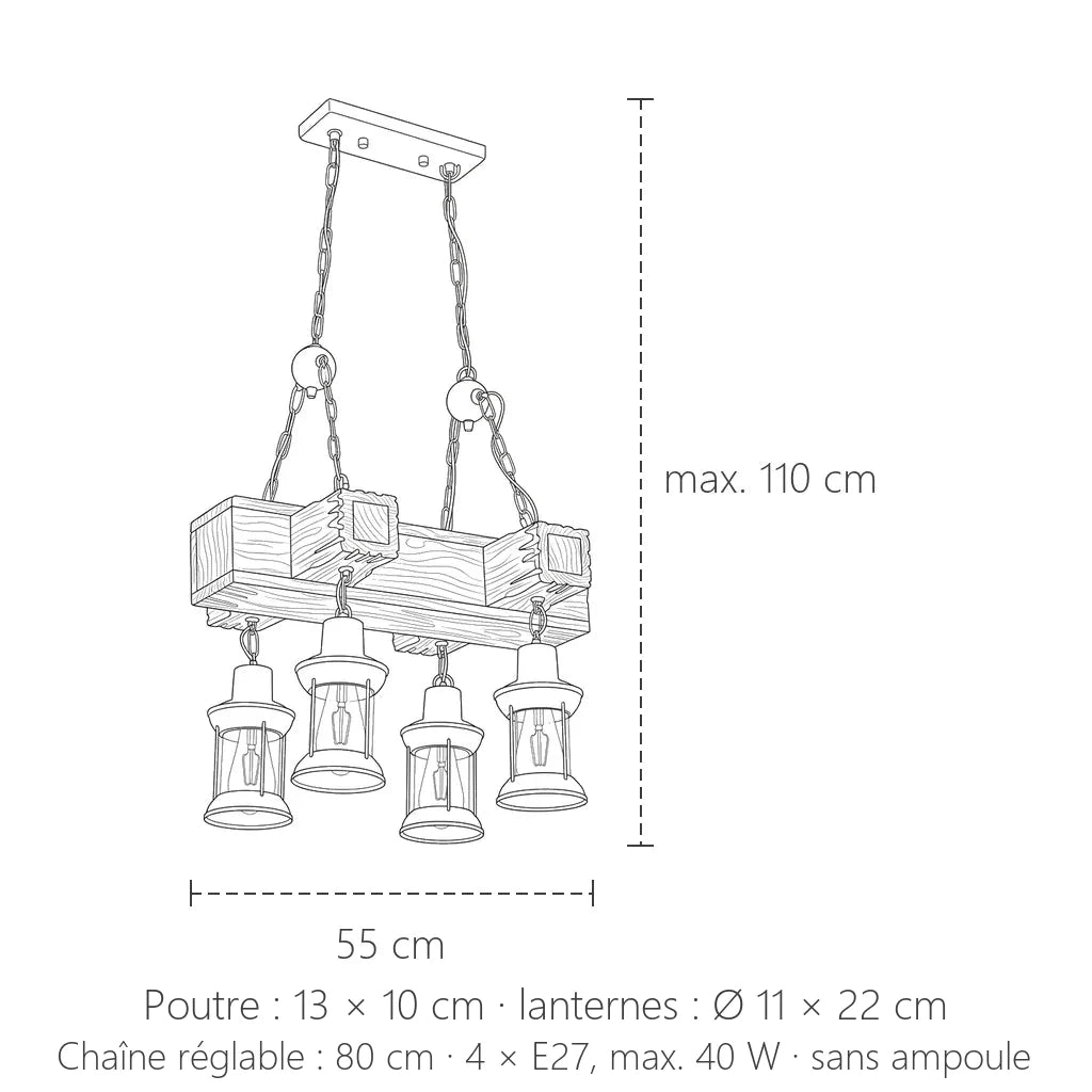 Dimensions du lustre poutre à 4 lanternes : 55 cm de large, max. 110 cm de haut