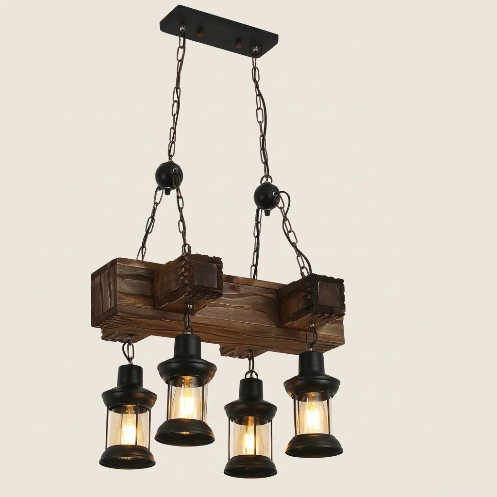Lustre poutre en bois à quatre lanternes en verre, culots E27