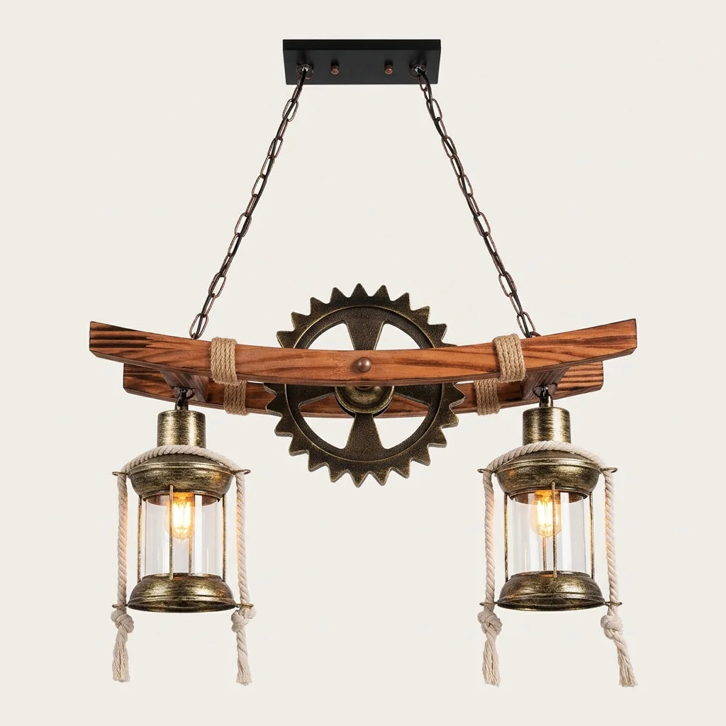 Lustre poutre en bois à engrenage et deux lanternes