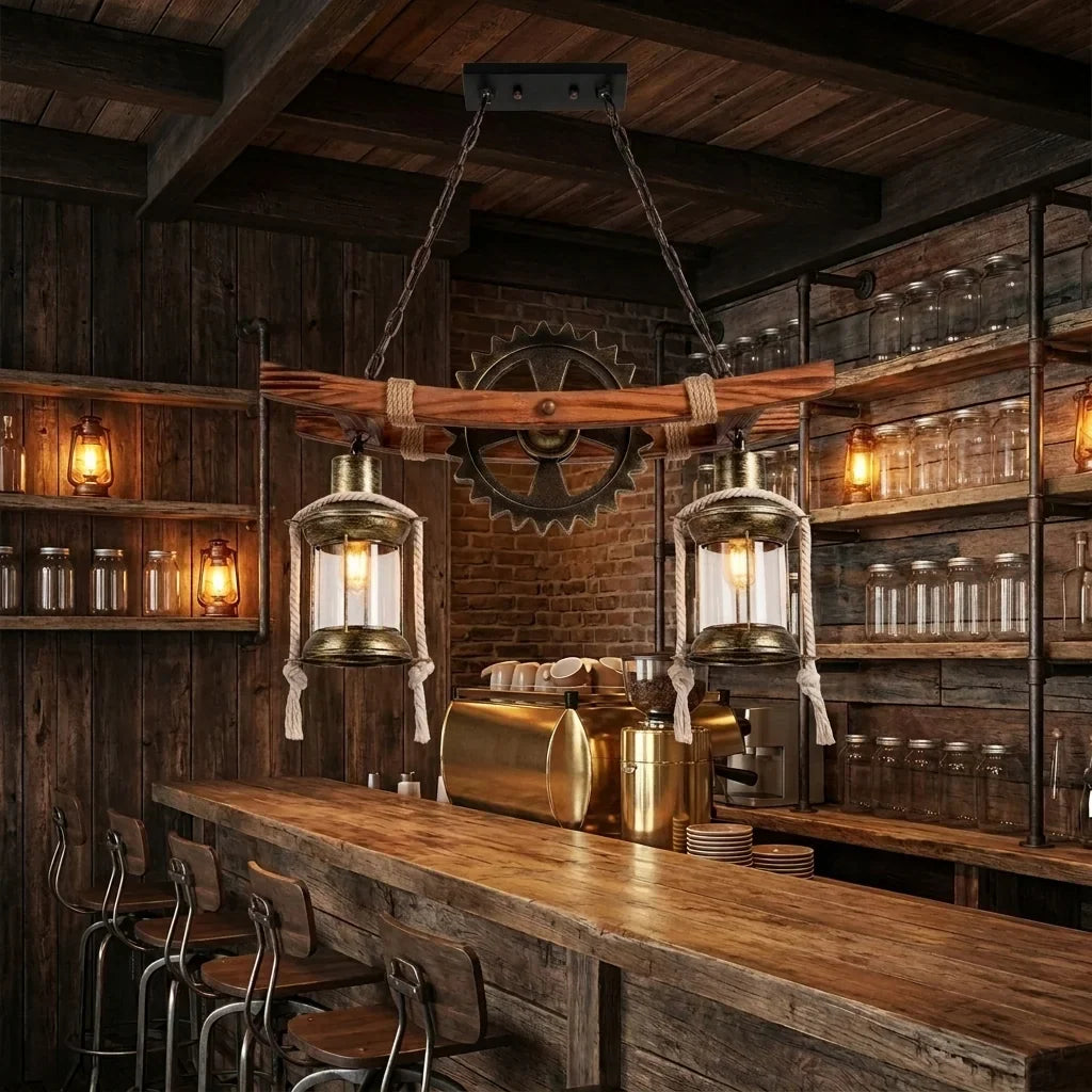 Lustre industriel en bois au-dessus du comptoir d’un café