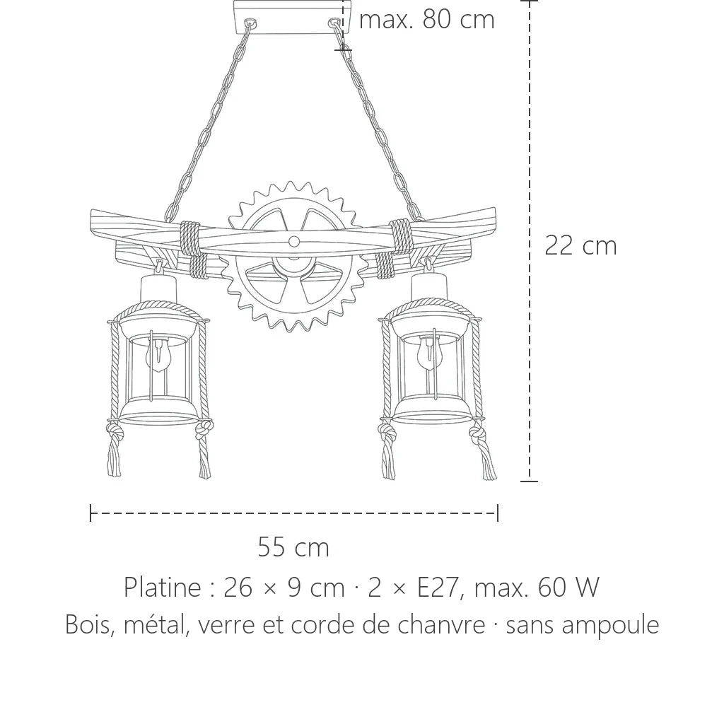 Dimensions du lustre poutre à engrenage : 55 cm de large, 22 cm de haut