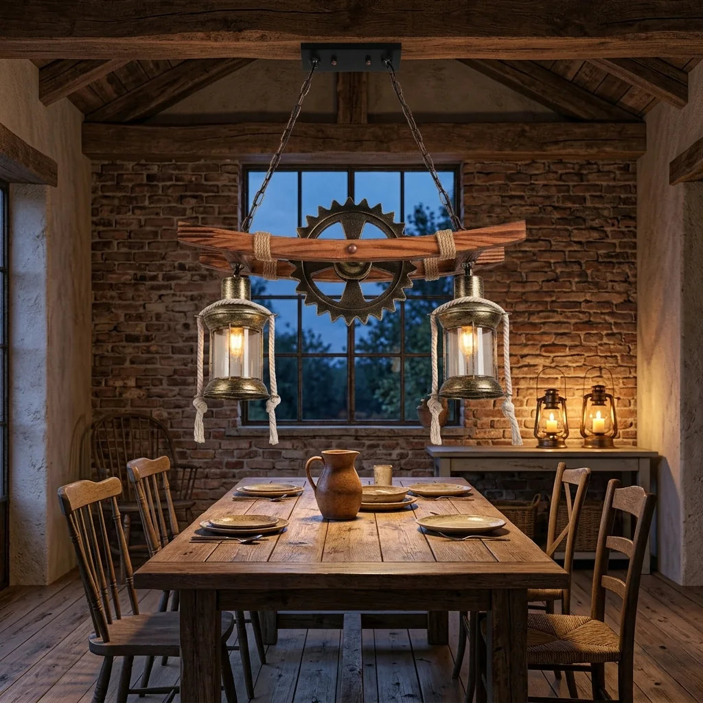 Lustre à engrenage au-dessus d’une table rustique