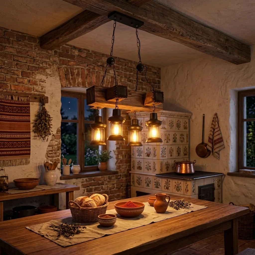 Lustre poutre en bois dans une cuisine de ferme
