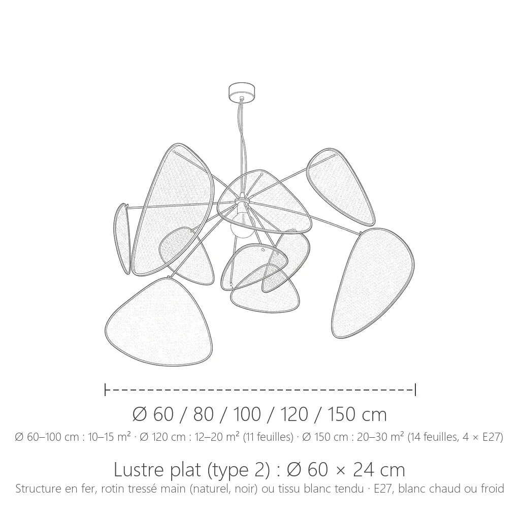 Dimensions du lustre en rotin à feuilles tressées : Ø 60 à 150 cm