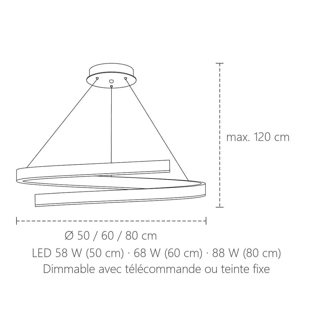 Dimensions du lustre spirale LED : Ø 50, 60 ou 80 cm, suspension max. 120 cm