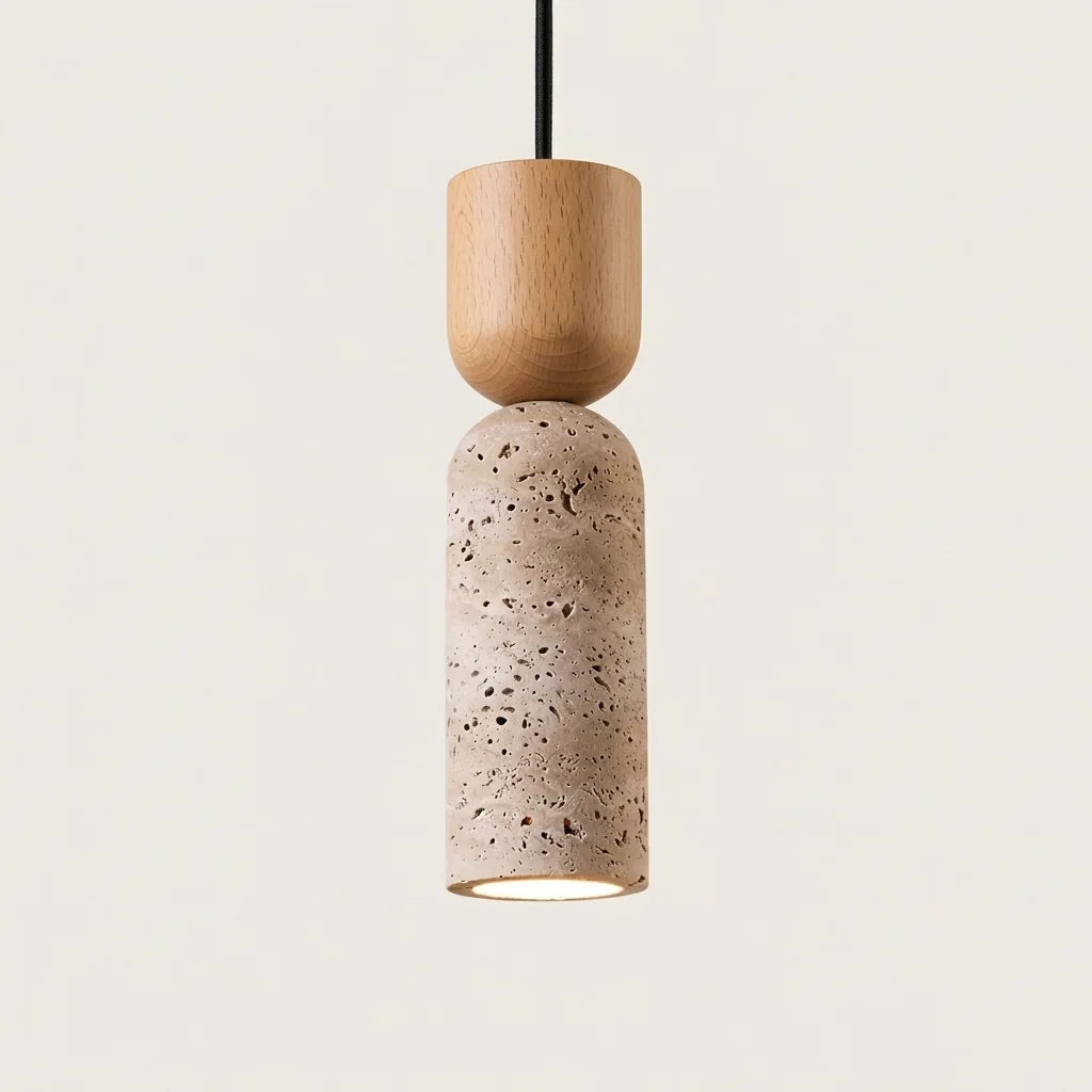 Mini suspension en travertin à tête en bois naturel