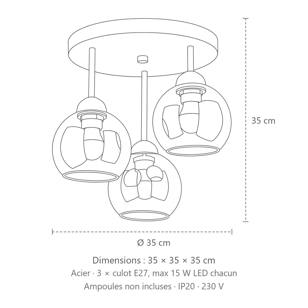 Dimensions : plafonnier 3 globes en verre fumé, 35 × 35 × 35 cm