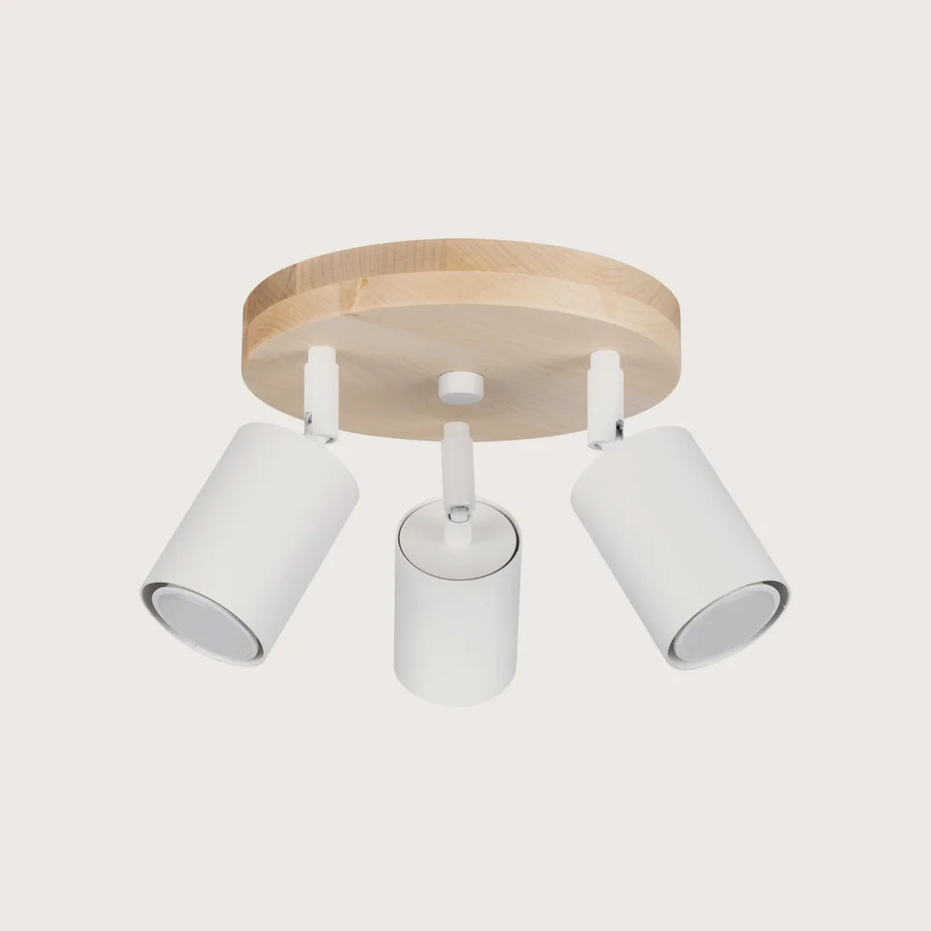 Plafonnier 3 spots orientables sur platine ronde en bois, coloris blanc et bois naturel