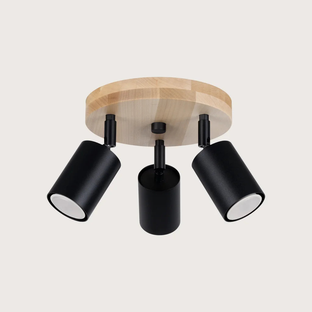 Plafonnier 3 spots orientables sur platine ronde en bois, coloris noir et bois naturel