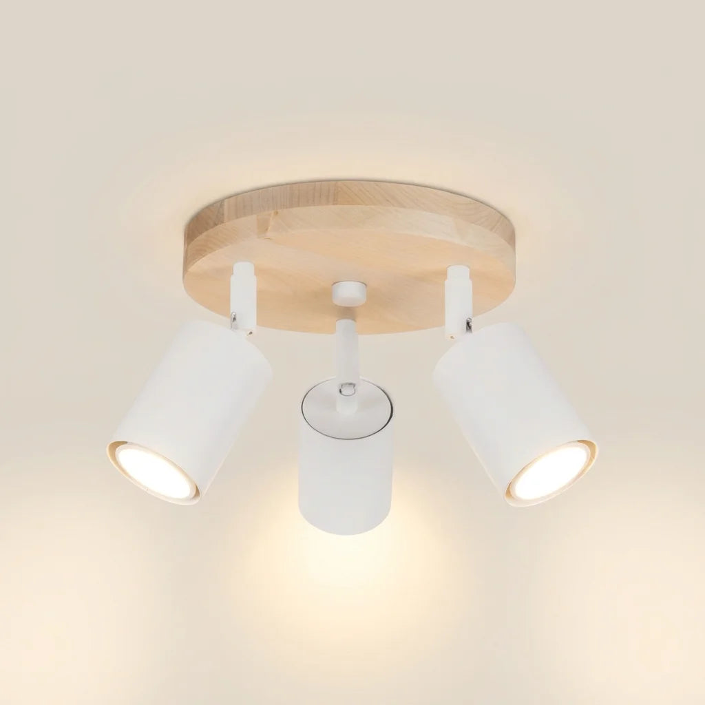 Plafonnier 3 spots orientables sur platine ronde en bois allumé