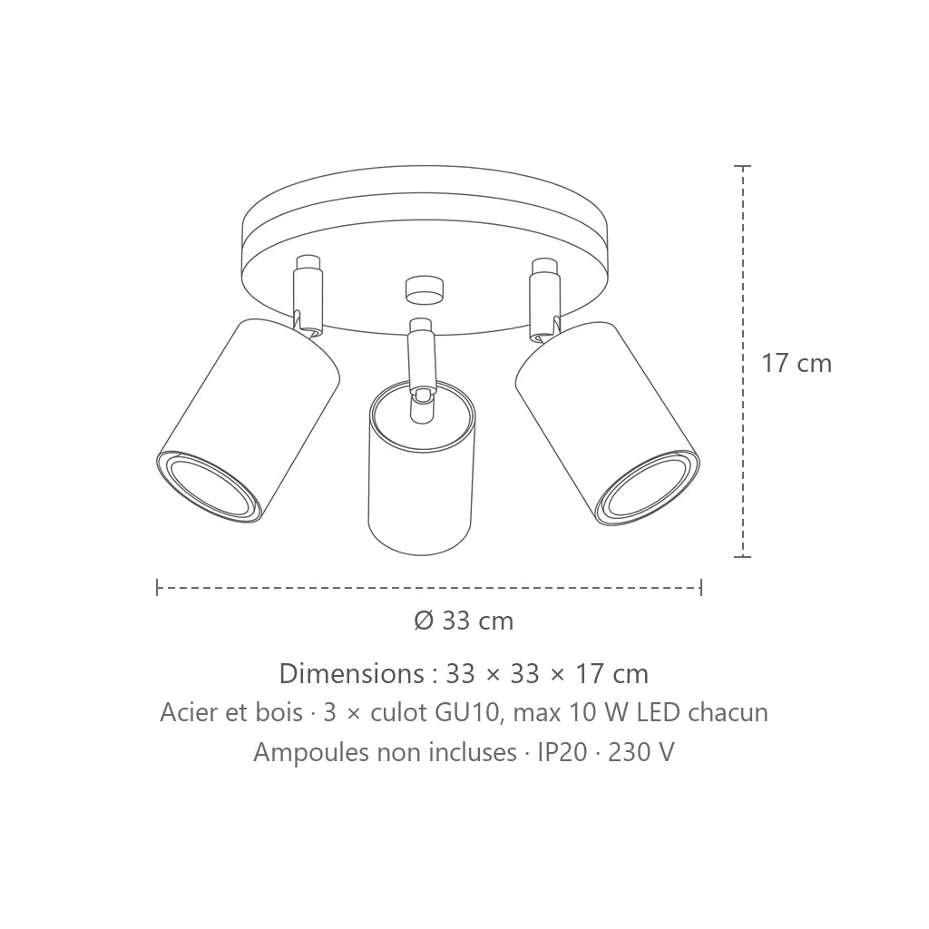 Dimensions : plafonnier 3 spots orientables sur platine ronde en bois, 33 × 33 × 17 cm