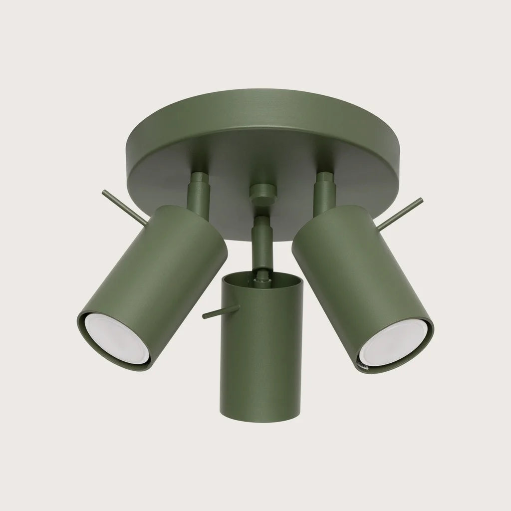Plafonnier 3 spots orientables sur platine ronde, coloris vert olive